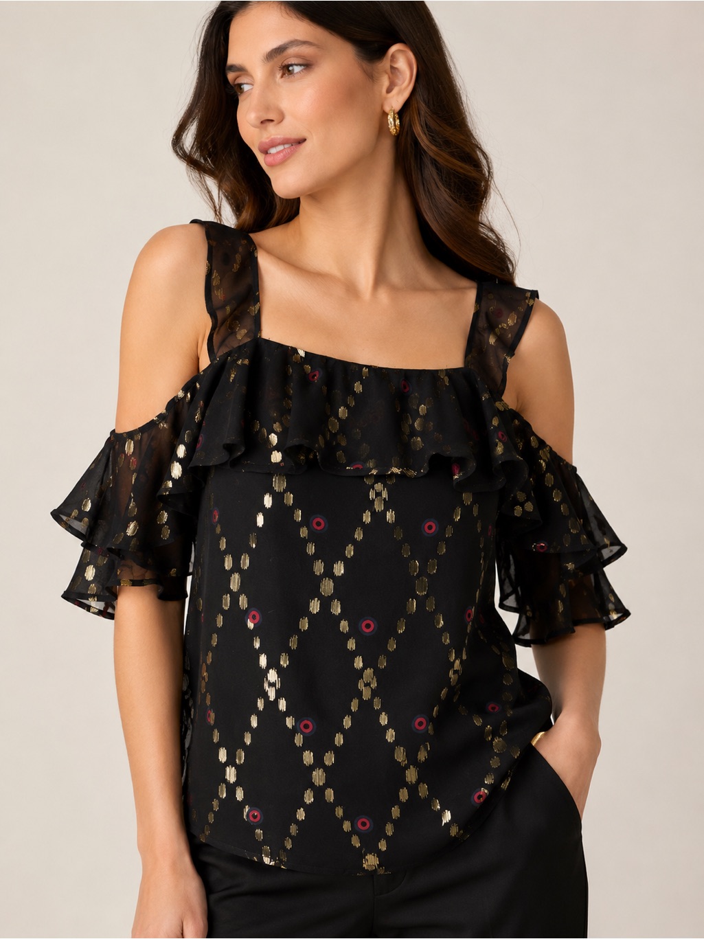 A.L.C. Silk Metallic Cold Shoulder Ruffle Blouse Black Gold Sz 2